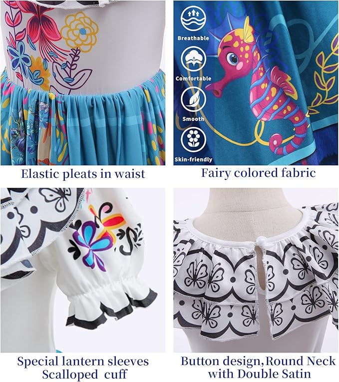 Encanto Dress - Mirabel Dress, Isabella Costume for Girls - Cosplay Dress Up With Glasses & Earrings