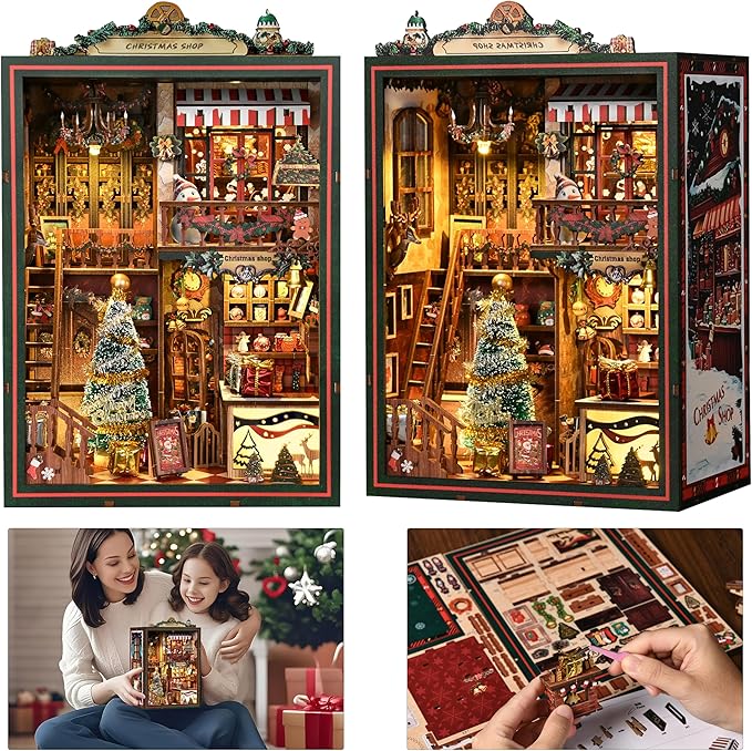 ISSEVE Book Nook Kit - DIY Miniature House Kit for Adults Teens Beginners, Christmas Dollhouse Booknook with Music Mechanism Tiny House Bookshelf Decoration 3D Wooden Puzzles (Christmas Shop)