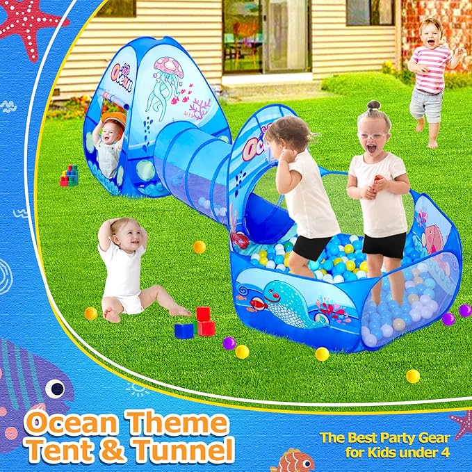3 in 1 Kids Play Tent with Play Tunnel, Ball Pit, Projection Flashlight for Boys & Girls, Toddler Pop Up Playhouse Toy for Baby Indoor Outdoor