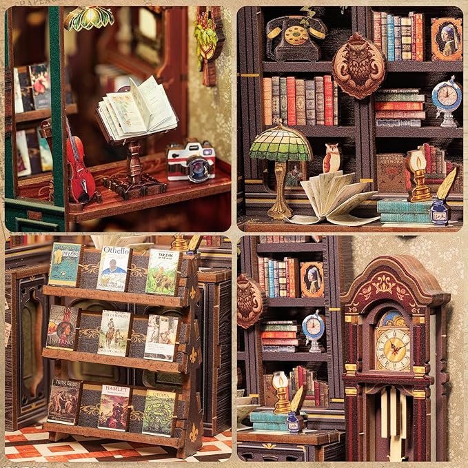 Fsolis Book Nook Kit, DIY Scene Miniature House Kit Tiny House Mini Booknook Craft Bookshelf Decor, 3D Puzzles for Adults, 139 Wooden Pieces, Scale Library Model, Gifts for Book Lovers（OWL Bookstore）