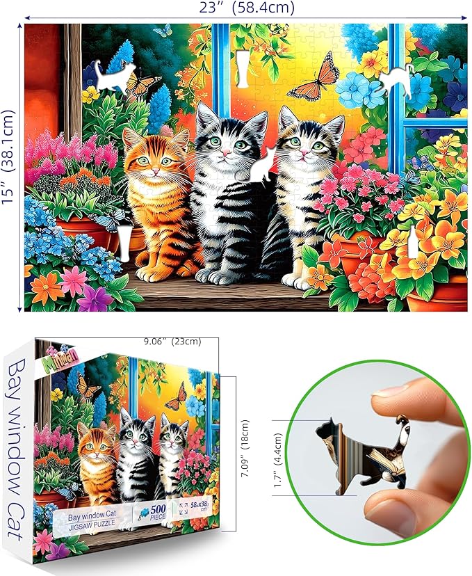 500 Piece Cat Jigsaw Puzzle for Adults - 23x15 Inch Cute Kittens in Garden Window with Butterflies & Flowers, Unique Art Puzzle for Home Decor & Gift
