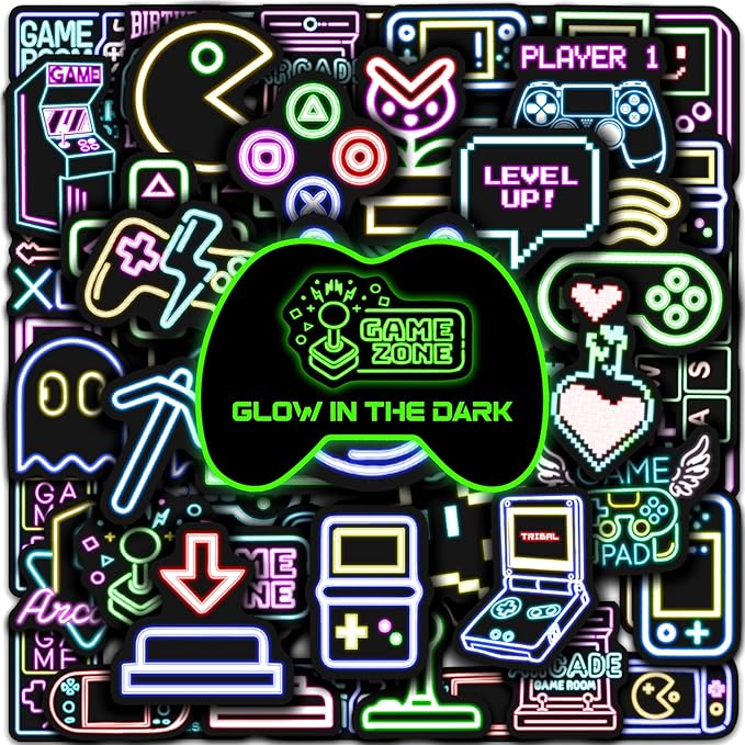 51 Pcs Neon Game Stickers for Kids Glow in The Dark, Gamer Inspirational Sticker for Water Bottle, Vinyl Waterproof Laptop Decals for Teens Girls Boys, Students Adults Sticker Pack