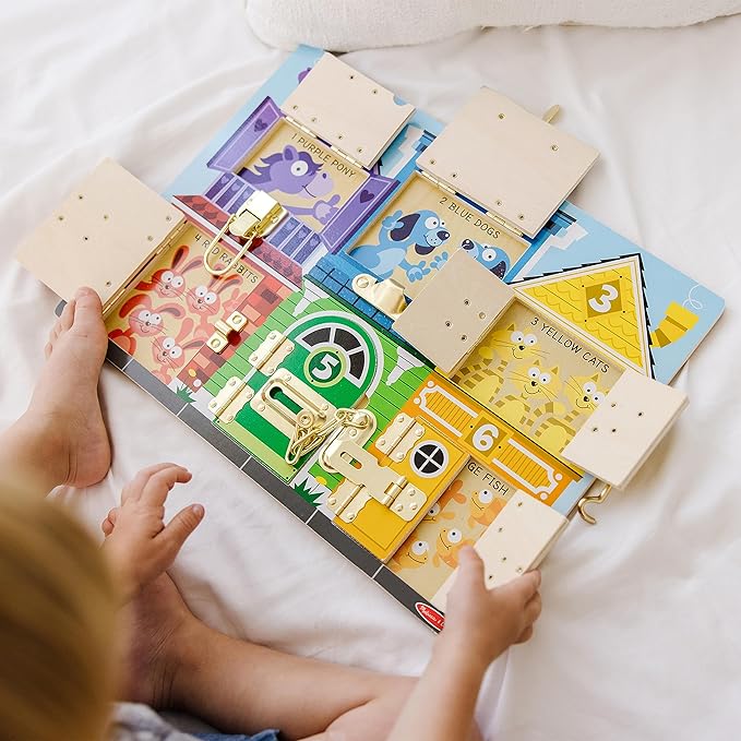 Melissa & Doug Wooden Latches Board Sensory Activity Toy for Kids, Doors and Locks Toy, Wooden Busy Board, Toddler Toys for Ages 3+