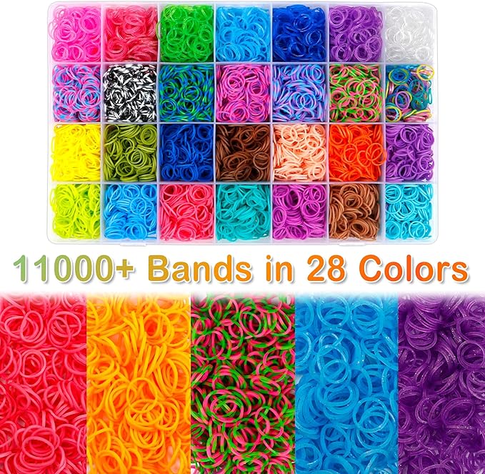 INSCRAFT Rubber Band Refill Kit, Over 11000 Rubber Bands, 28 Colors with Container, 600 Clips, 200 Beads, 52 ABC Beads, Premium Bracelet Making Refill Kit for Girls Kids