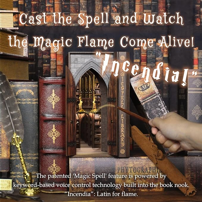 DolphinIsle Book Nook Kits for Adults, DIY Booknook Bookshelf Decor Magic Spell Library with Flame Illusion