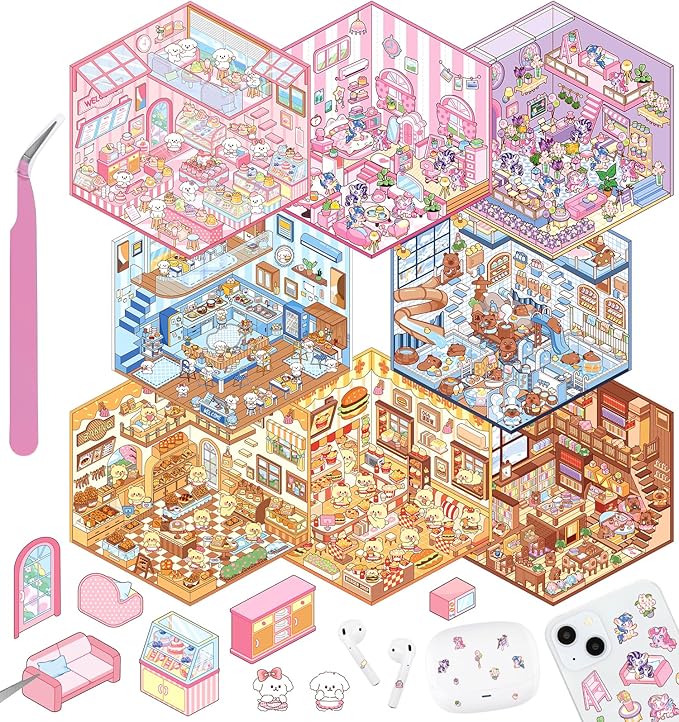 DIY 3D House Stickers, 8 Sets Fun DIY Stickers Scene Make Your Own Mini House Cute Cartoon Animal Scene Sticker for Kids Adult Sticker Art Relief Stress Pass The Time