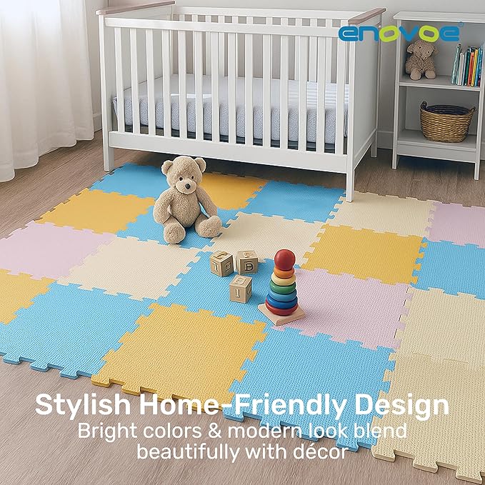 Enovoe Interlocking Foam Tiles – Baby Play Puzzle Pads for Toddlers – Soft 12"x12" Play Surface – Puzzle Piece Design – Safe and Cushioned Mat Set for Kids’ Activities and Floor Protection