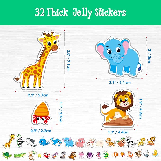 32PCS Animal Jelly Stickers, Farm/Marine/Wild Animals Thick Window Clings for Home, Classroom, Nursery, Removable Reusable Gel Cling Decals for Kids Toddlers Party Supplies Decorations (Not Edible)