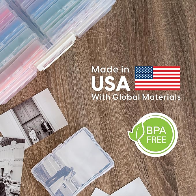 IRIS USA 4" x 6" Photo Storage Box Craft Keeper, Transparent Handle Container with 16 Organization Holder Cases for Pictures, Tasks, Scrapbooking, Stationery Storage, Clear