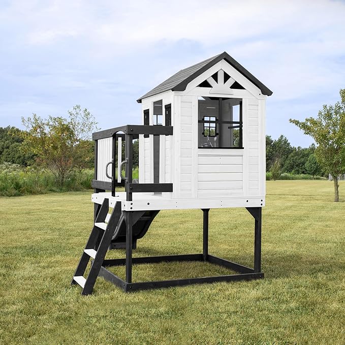 Backyard Discovery Sweetwater Heights White Elevated Cedar Wooden Kids Playhouse with Wave Slide, Play Kitchen, Step Ladder, Half Door, Wrap-Around Deck, Windows, Bell, Growth Chart for Outdoor Play