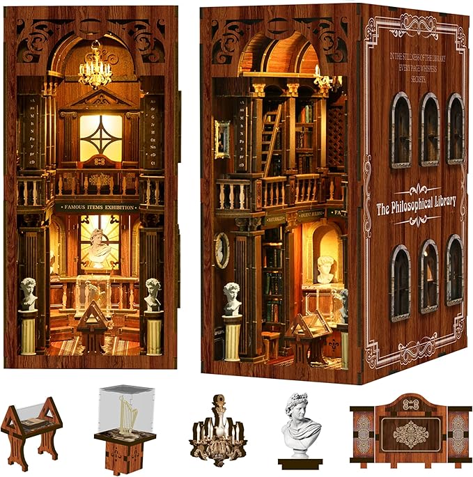 ISSEVE Book Nook Kit, DIY 3D Wooden Puzzle Dollhouse Booknook for Adults, Tiny Miniature House Kit Bookshelf Decor, Halloween for Crafts Book Lovers (Library of Philosophical)