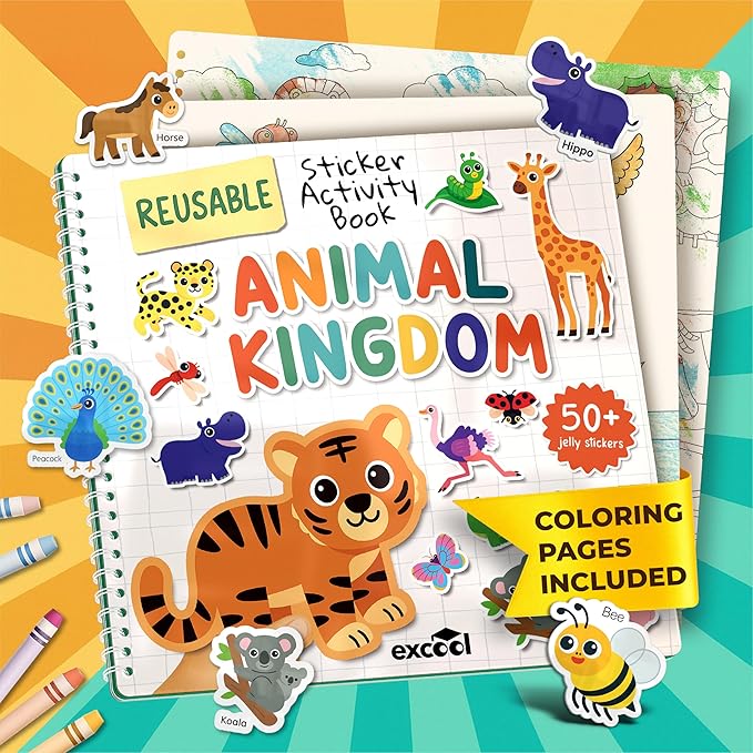 Excool Jelly Stickers for Toddlers - Waterproof Reusable Sticker Book for Kids, Easy to Clean Removable Animal Stickers for Kids, Reusable Sticker Books for Toddlers