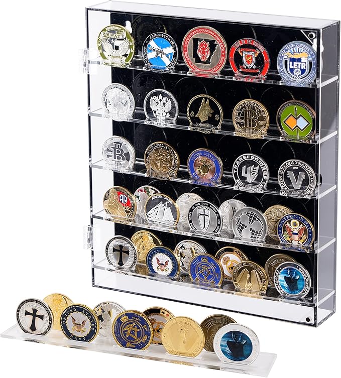 Coin Holder, Challenge Coin Display, Acrylic Military Coin Display Case with Removable Shelves and Magnetic Door, Fits 45 Military Medals Poker Chip Pins Badges, for Casino Poker Chips Collectibles