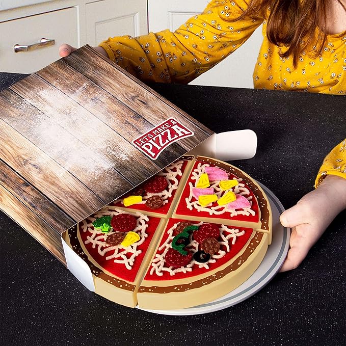 Let's Make a Pizza - Pretend Food Playset with 4 Wooden Pie Slices, 140 Felt Toppings, Wood Roller, and 3-in-1 Cardboard Box Prep Station, Oven, & Serving Table - Cute Cooking Toys for Boys & Girls