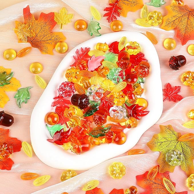 150pcs Fall Vase Filler for Thanksgiving Fall Sensory Bin Filler Acrylic Pumpkin Leaves Gems Corns Gems Acorns for Centerpieces Table Fall Sensory Bin Filler Autumn Thanksgiving Home Decoration