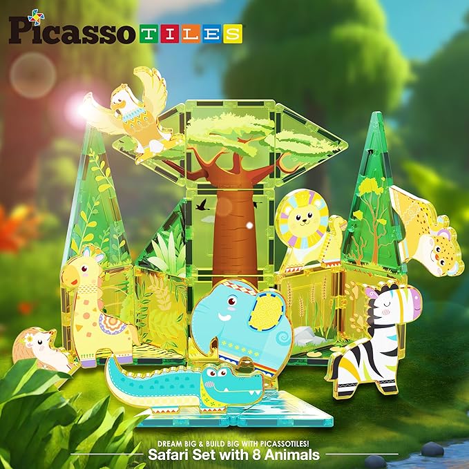 PicassoTiles Magnet Tile Building Blocks Safari Themed Playset with 8 Animal Character Action Figures Magnetic Tiles STEM Learning Imaginative Play Toy Construction Set Preschool Toddler Ages 3+ PTQ22