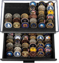 Black Military Challenge Coins Display Holder with American Flag,Solid Wood Challenge Coin Stand with Drawer,Challenge Coin Display Case for Collector, Military Coin Holder Rack for Desk