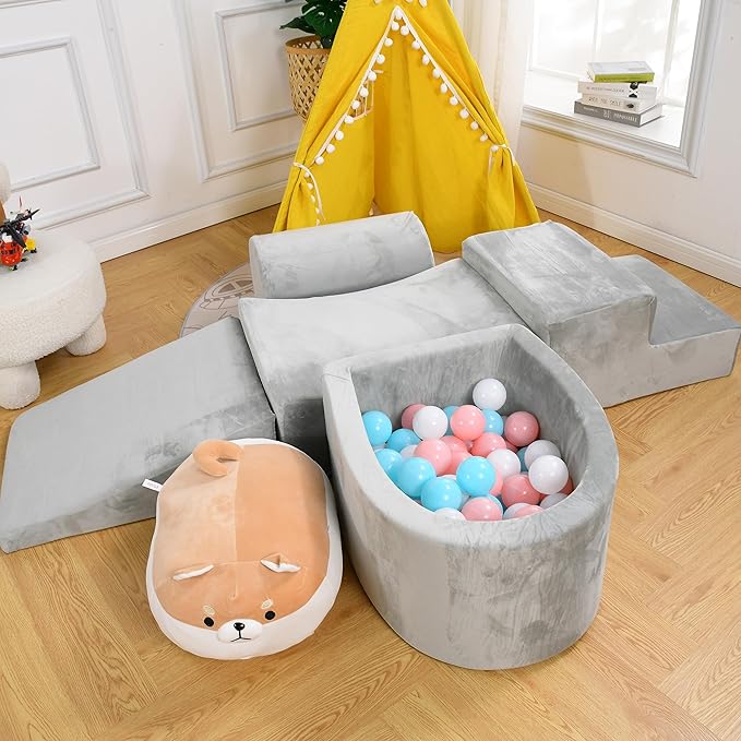 Foam Climbing Blocks for Toddlers – Indoor Soft Play Set for Babies - Velvet Cover & High-Density Memory Foam – Baby Climbing Blocks for Motor Skills - Climb and Crawl Activity Play Set for Kids -Gray