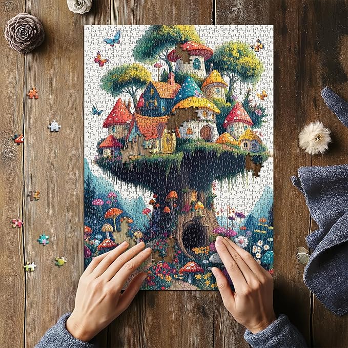 Mushroom Puzzles for Adults 1000 Pieces, Magic Mushroom Treehouse Puzzle Fantasy, Colorful Art Jigsaw Puzzle, Challenging Hard Puzzles for Adults