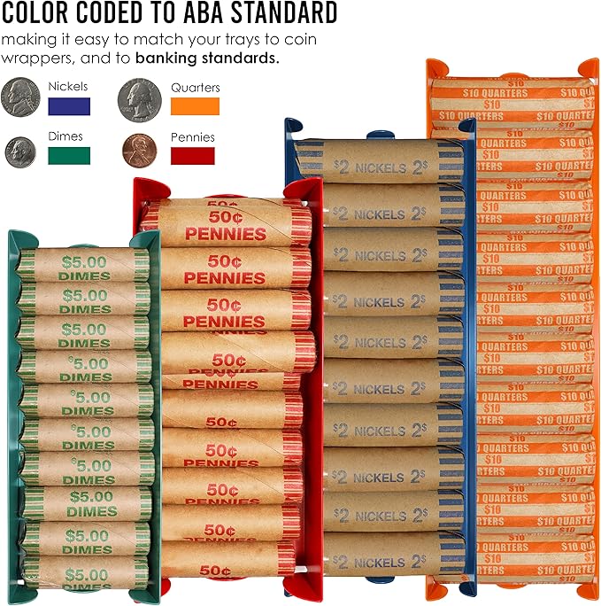 Nadex 4 Pack Aluminium Quarter Coin Tray - Stackable Single Compartment Coin Sorting and Storage Tray - Holds 1600 Quarters - 40 Coin Rolls