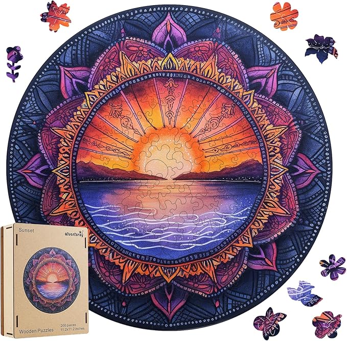 Wooden Puzzles for Adults, Sunset Ocean Jigsaw Puzzles, Magic Nature Art Puzzles 200 Pieces, Irregular Wood Gift for Adults Family Game (11.2 x11.2 in)