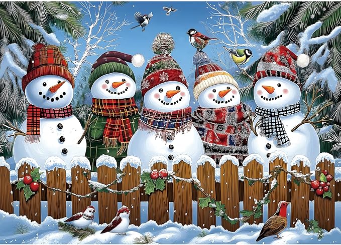Winter Snowmen Christmas Jigsaw Puzzle 1000 Pieces for Adults Festive Holiday Scene with Birds & Snowy Fence Puzzle with Letters on Back Family Challenge Perfect for Game Night (27.6x19.7 Inch