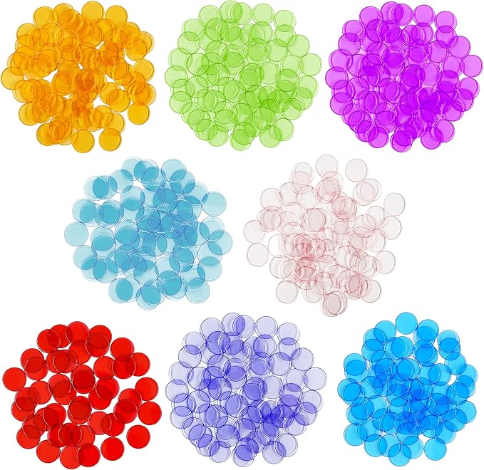 Hebayy 500 Transparent 8 Color Clear Bingo Counting Chip Plastic Markers (Each Measures 3/4 inch in Diameter)