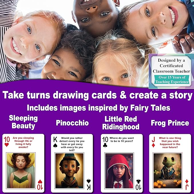 THINK2MASTER Family Conversations & Story Starter Playing Cards - Fairytale Edition 54 Cards with Fun Family Friendly Questions & Images. Play Games, Start Conversation & Storyteller - Family Game