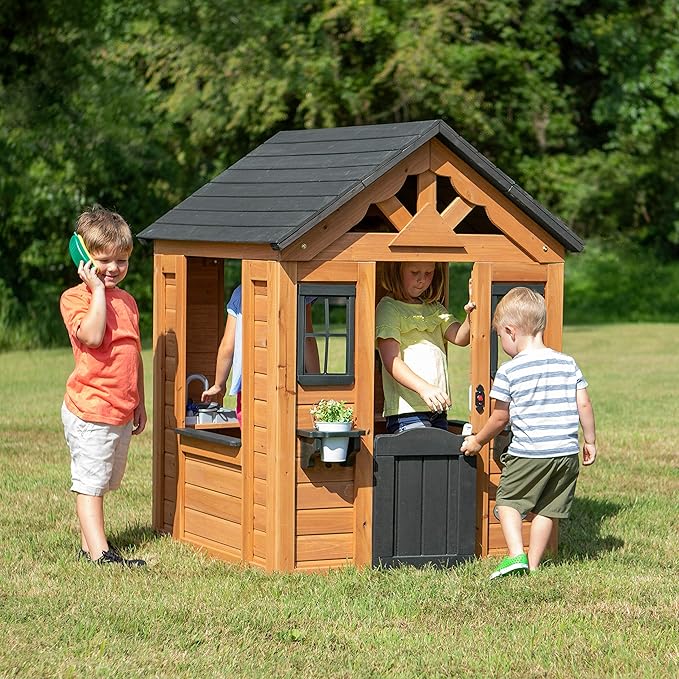 Backyard Discovery Sweetwater Cedar Wooden Kids Playhouse Cottage with Play Kitchen, Snack Bar, Half Door, Toy Phone, Windows, Flowerpot Holders, and Working Doorbell for Outdoor Imaginative Play