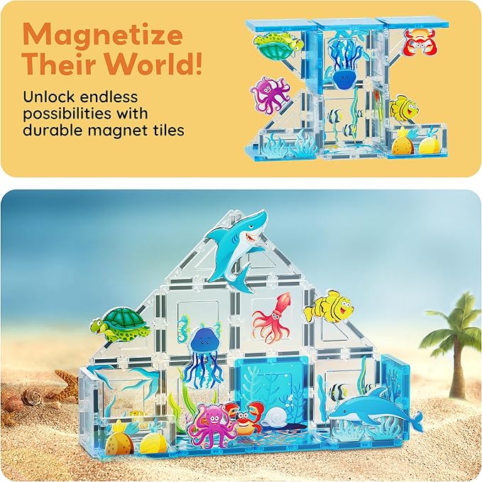 PicassoTiles 26pcs Magnetic Tiles Magnet Tile Building Blocks Marine Animal World Themed Set with 8 Ocean Character Action Figures STEM Learning Toy Construction Toddlers Boys Girls Ages 3+ PTQ25