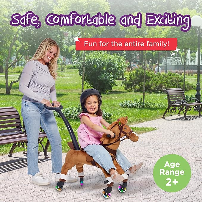 Power Pony Ride On Toy for 2+ Kids - Power Ponies Push Pull Kids Ride On Horse for Toddlers with A Removable Parent-Controlled Push Handle for Easy Rides, Brown, Champ