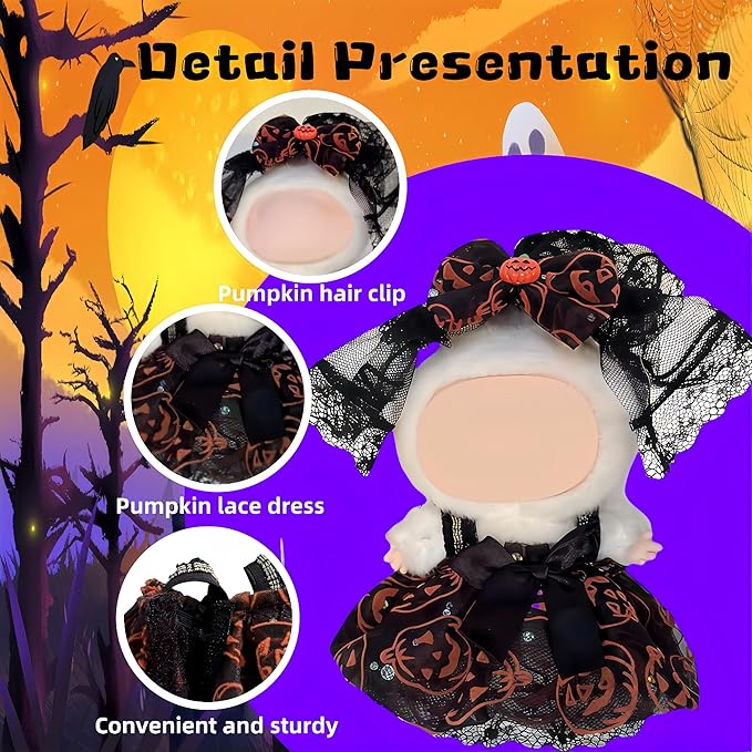 17cm Halloween Clothes Set, Halloween Dress Pumpkin Bow Hairpin for Dolls Accessorie, Halloween Clothes for Pumpkin Outfit, Spooky Costume Dolls Collectors, Gift for Doll Lovers(No Doll)