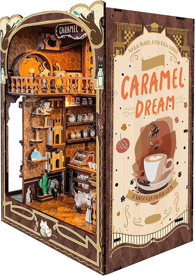 Book nooks DIY Dollhouse Kit for Adults 3D Stereo Assembly Night Light Sensing Wooden Bookend Jigsaw Building Model Gifts for Family,Friends (Caramel Dreams)
