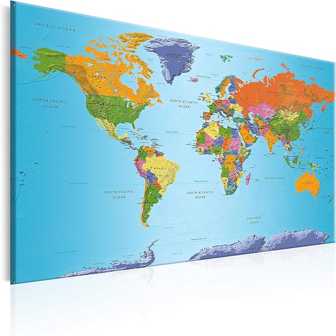 artgeist Pinboard World Map 35x24 in - Cork Board & Canvas Print Wall Art 1 pcs Memoboard with 50 Pins Noticeboard Message Board Image Picture Home Decor Travel Map k-A-0104-p-d