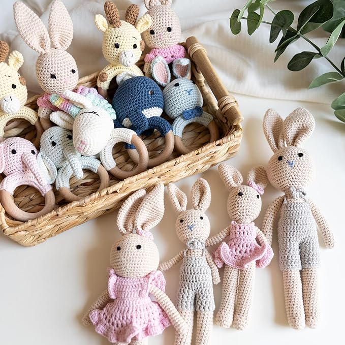 Crochet Stuffed Animal - Adorable Handmade Bunny Daughter Plushie Doll with Pink Dress, Ideal for Infants - Knitted Stuffed Animal Crocheted Stuffed Animals for Newborns