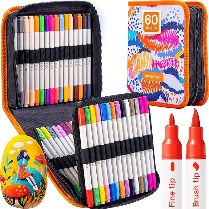ARTISTRO 60 Dual Tip Brush + Fine Acrylic Paint Pens Ideal for Calligraphy - Paint Markers for Fabric, Rock, Glass, DIY - Stocking Stuffers, Christmas Gift Idea for Teens, Grandkids, Kids