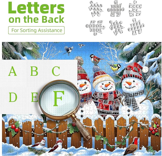 Winter Snowmen Christmas Jigsaw Puzzle 1000 Pieces for Adults Festive Holiday Scene with Birds & Snowy Fence Puzzle with Letters on Back Family Challenge Perfect for Game Night (27.6x19.7 Inch
