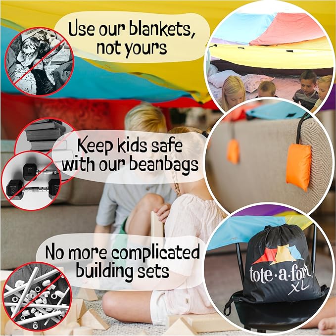 Tote a Fort Original XL Blanket Fort Building Kit - Portable Playhouse Play Tent Fort - Indoor & Outdoor Toy Set for Ages 4-12+ - STEM Toy - 4 Blanket Set