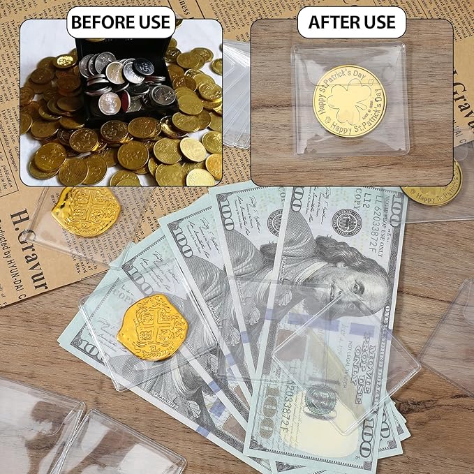 200Pcs Single Pocket Coin Flips Coin Sleeves Holders Clear PVC Coin Protectors Individual Plastic Coin Holders for Coin Currency Bills Collectors Protector (2.2 x 2.2 Inch) (Rectangular) ﻿