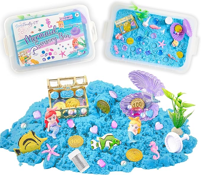 Premium 38 PCS Mermaid Sensory Sand Bin with 2 lb Magic Sand,Seashell Stamp, Sensory Bin & Treasure Accessories – Perfect for Creative Play and Learning, Ideal Gift