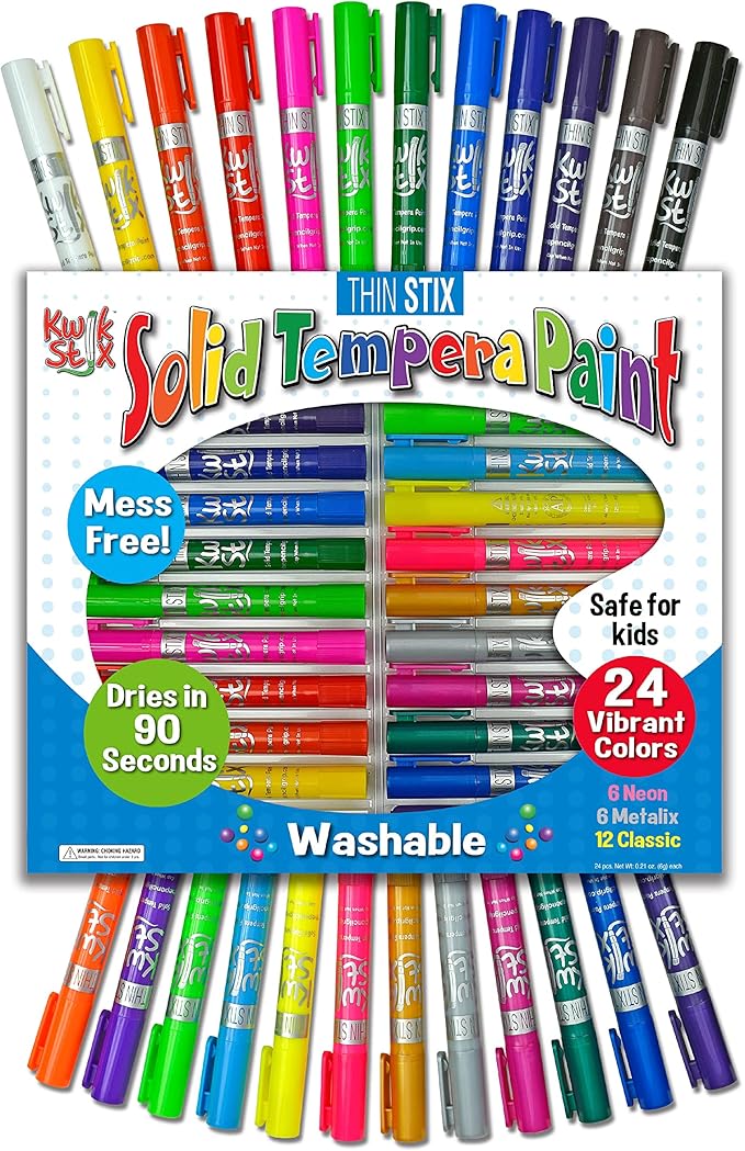 Kwik Stix Solid Tempera Paints, Thin Stix Paint Pens, Super Quick Drying, 6 Neon, 6 Metalix & 12 Classic Vibrant Colors - 24 Pack - TPG-620