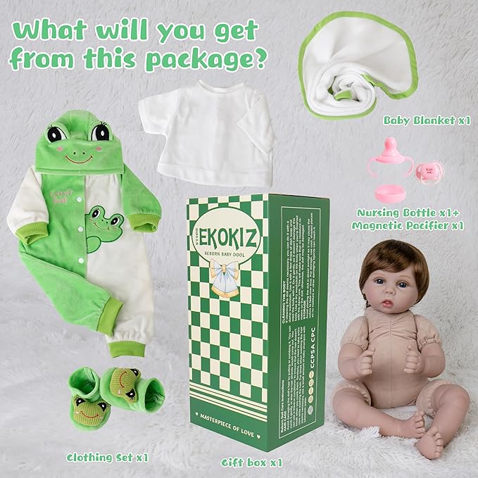 Reborn Baby Dolls 22-Inch Realistic Baby Doll Soft Cloth Body Real Life Baby Dolls with Green Frog Clothes Toys Accessories Birthday Gift Set for Kids 3+
