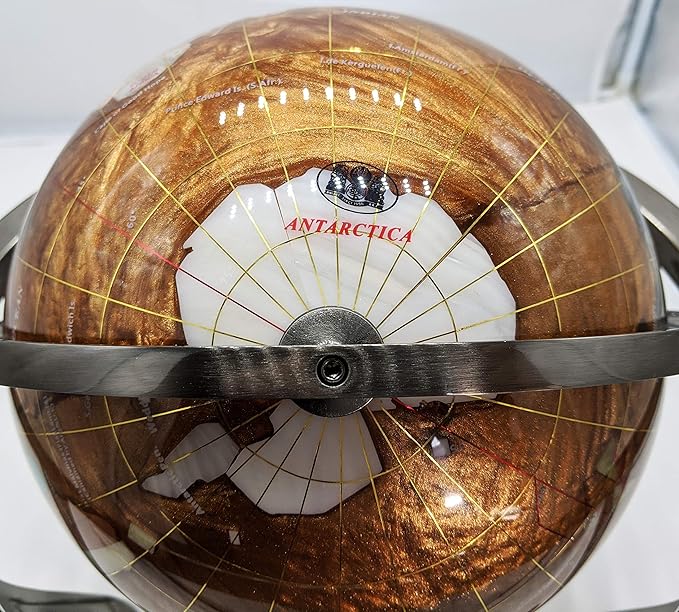 unique art since 1996 Limited Edition! unique art since 1996 Amber Pearl Swirl Table Top Gemstone World Globe with Tripod Silver Zinc Alloy Stand (220MM/9 INCHES/Amber Ocean)