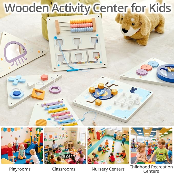 Tangram Activity Wall Busy Board Panels, 12-in-1 Learning Activity Center, Wooden Montessori Sensory Toys for Toddler Playroom, Nursery, Daycare, Classroom, Dentist Waiting Room
