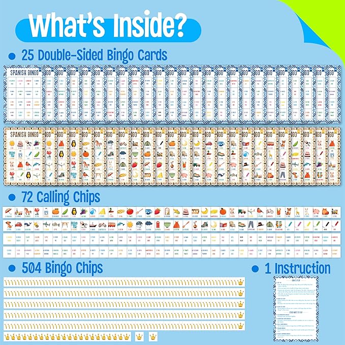 Spanish Bingo Game, 25 Boards for Spanish Vocabulary Bilingual Word Bingo Game Educational Toys for Language Learning - Ages 5 and up (Up to 25 Players)