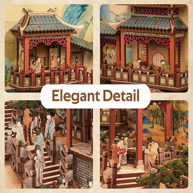 Tonecheer DIY Book Nook Kit for Adults, Wooden 3D Puzzle Bookend Bookshelf Insert Decor, Chinese Booknook Miniature House Kit with Dust Cover and Body Motion Sensor LED (Song Dynasty Culture)