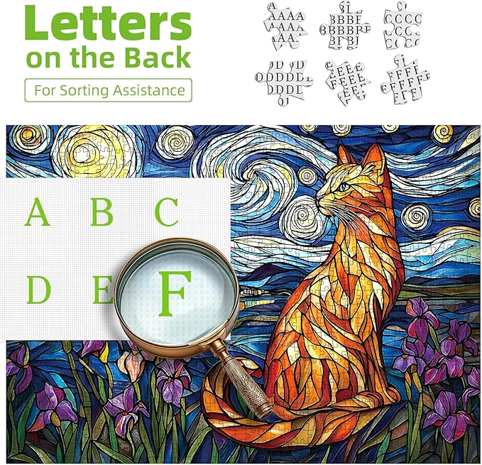 Stained Glass Cat Puzzles for Adults 1000 Pieces Starry Night Impossible Hard Puzzle for Adults Beautiful Vintage Flowers Cats Art Jigsaw Puzzles 1000 Pieces Unique Challenging Family Puzzle