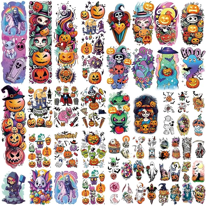 Halloween Temporary Tattoos for Kids, 52 Sheets Full Arm Sleeve Halloween Fake Tattoos for Boys and Girls, Ghost Pumpkin Witch Pattern for Halloween Party Favors