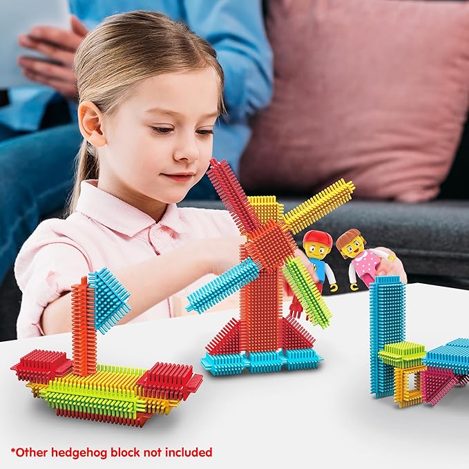 Picasso Toys Hedgehog Blocks 4 Family Action Character Figures Toddler Toy Construction Building Tile Block Expansion Pack Educational Add-on STEM Learning Smart Game Kit Toys Pretend Playset Age 3+