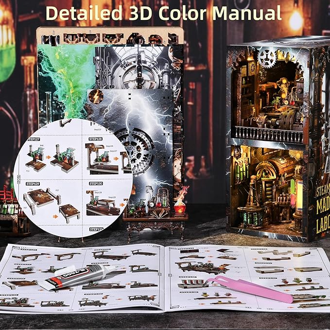 Book Nook Kit, DIY Miniature Dollhouse Booknook Kit, 3D Wooden Puzzle Bookend Bookshelf Insert Decor with LED Light for Teens and Adults (Steampunk Mad Scientist Laboratory)